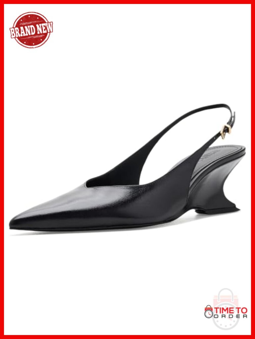 Slingback Pump Pointed Toe Mid Heel Leather Buckle Wedge